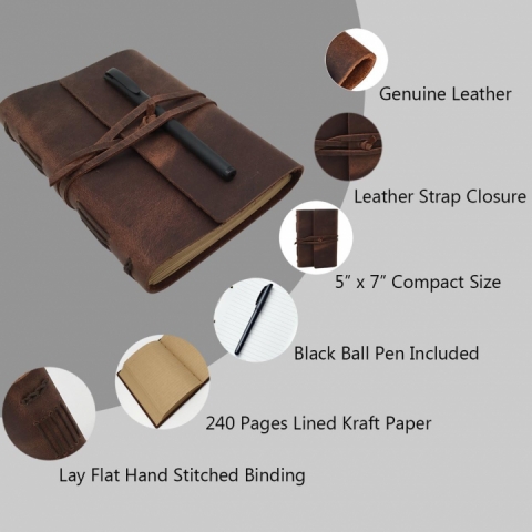 Jurnal cu coperta din piele, format A5, cusut, cu pix inclus si inchidere cu snur rustic