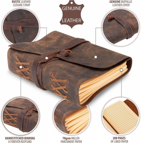 Jurnal cu coperta din piele format A5, 400 pagini, inchidere cu siret rustic