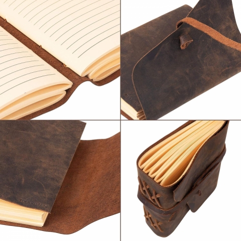 Jurnal cu coperta din piele format A5, 400 pagini, inchidere cu siret rustic